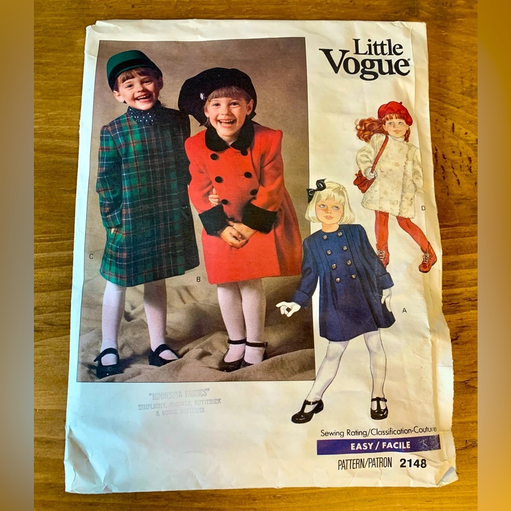 Little Vogue Sewing Pattern #2148 Loose Fitting Coat Jacket Vintage Size 6X